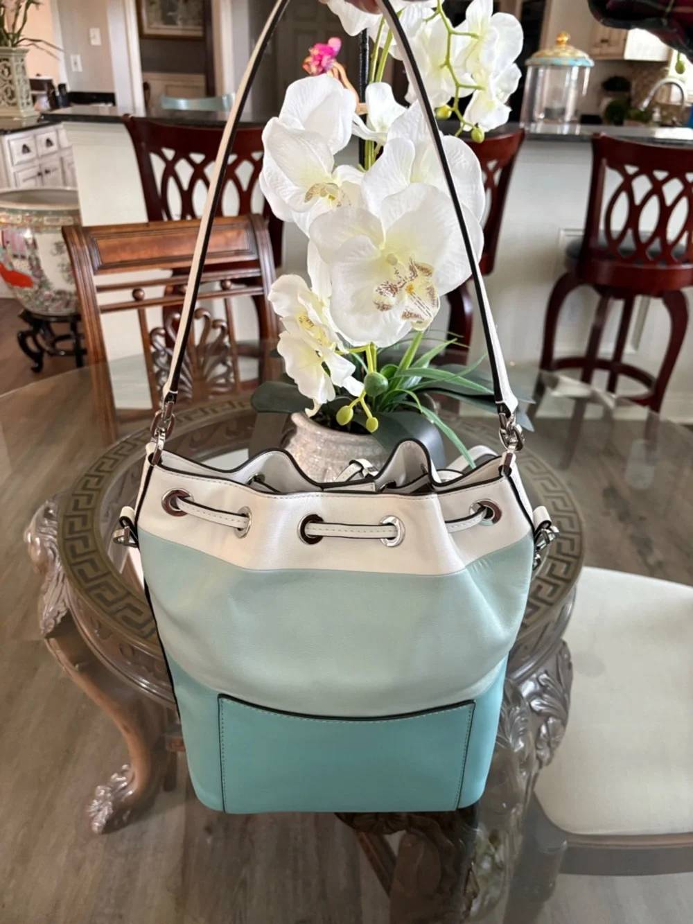 Michael Kors Two-Tone White and Mint Green Leather Drawstring Shoulder Bag